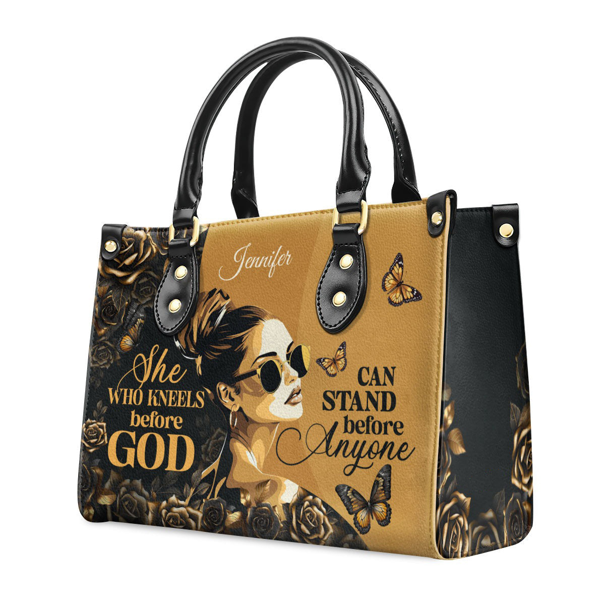 Personalized Christian Leather Handbag, She Who Kneels Before God Handbag, Custom Name Religious Inspirational Purse Gift for Women BLAF23